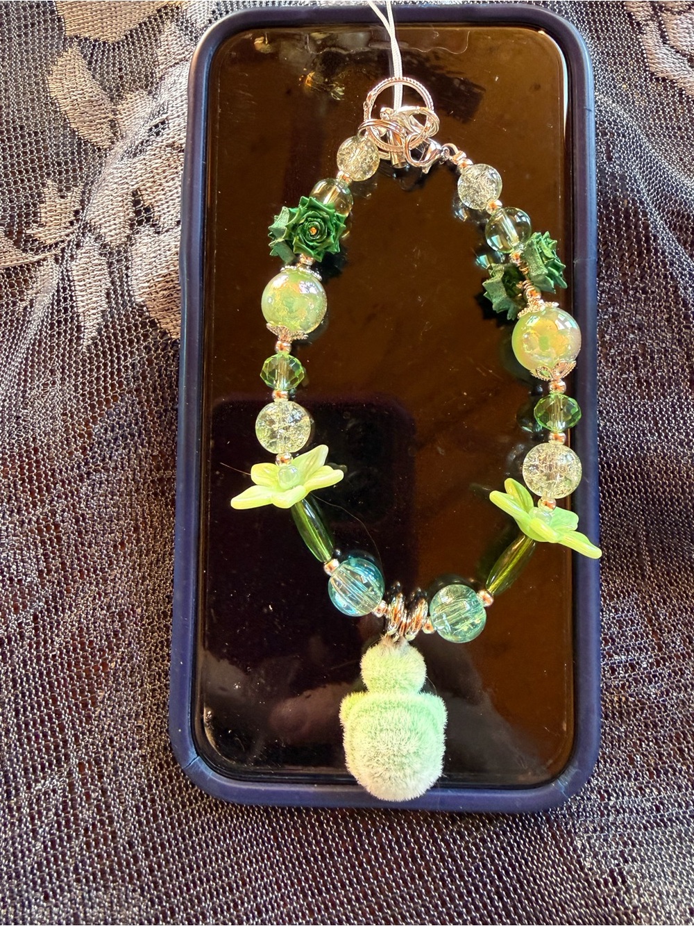 Handmade Green Beaded  Turtle Keychain  - Floral Accent